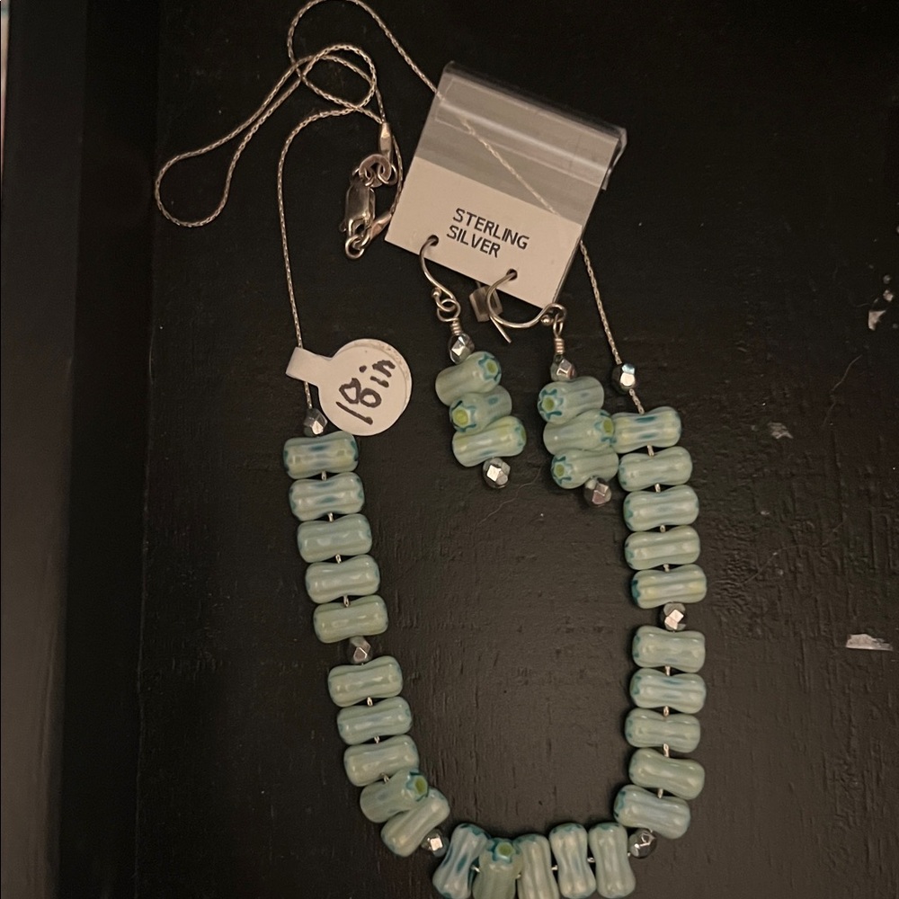 Sterling Silver Blue Beaded Necklace and Earring Set